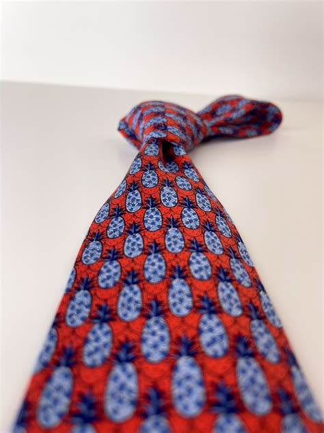 Vintage Hermes 7612 Red and Blue Tie With Pineapple Design 